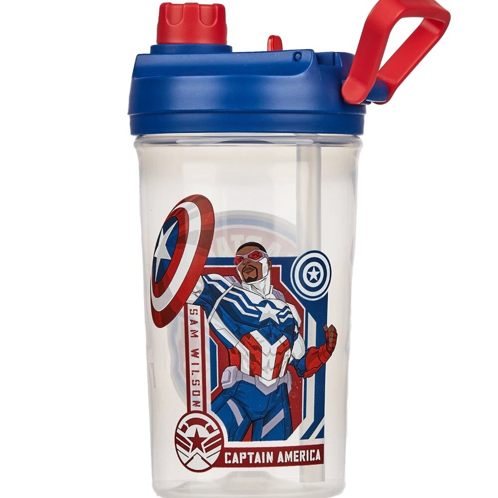 Marvel Captain America Reusable Plastic Clear Water Bottle Flip Top Straw NEW